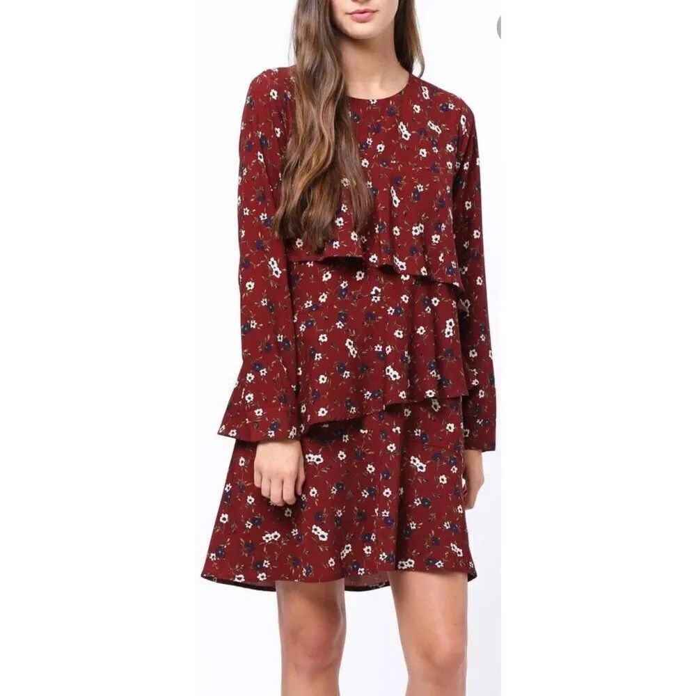 MoVint Women Floral Long Sleeve Tiered Ruffle Dress Size M